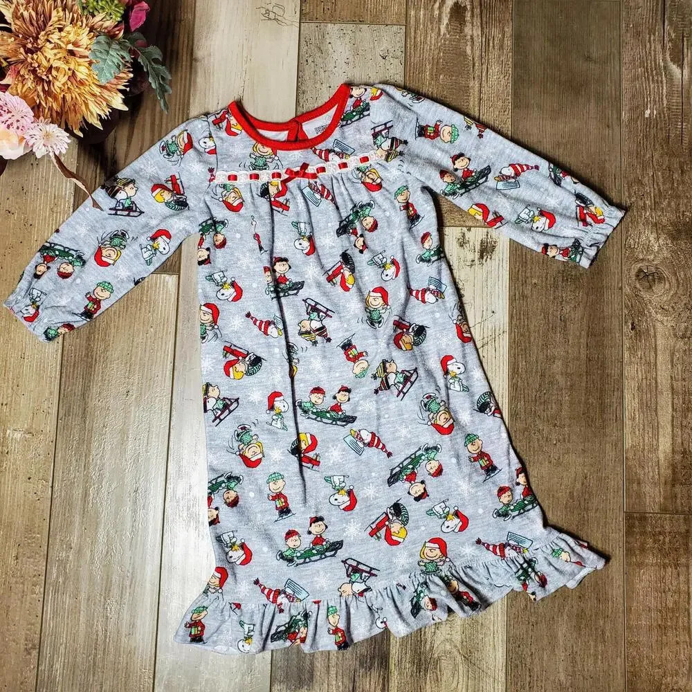 Peanuts Toddler Girls' Snoopy Holiday Christmas Soft Woven Pajama Nightgown 2T